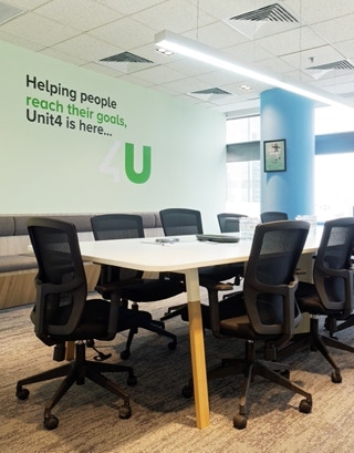 office fitting out custom furniture workstation aetrio timber series chair and soft seating at Unit4 Indonesia Office